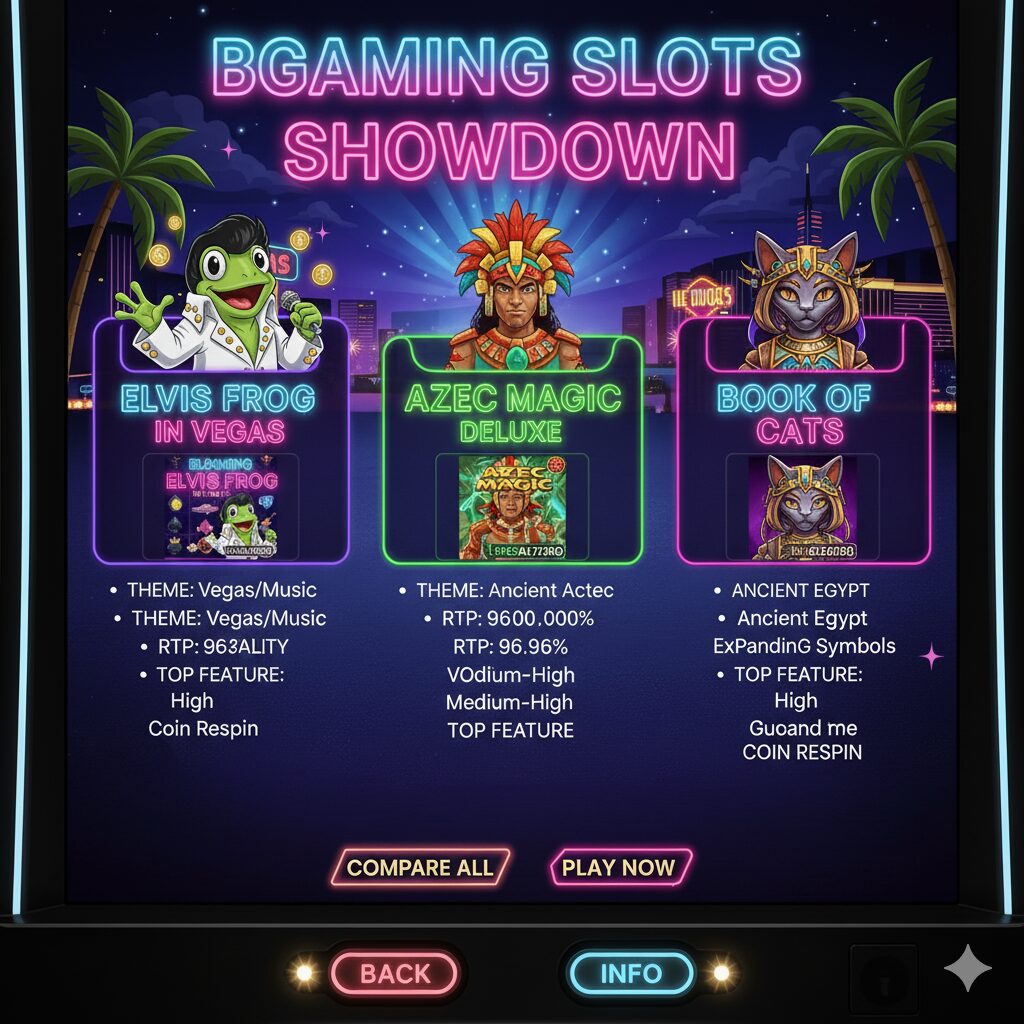 Сравнение слотов BGaming: Elvis Frog, Aztec Magic, Book of Cats
