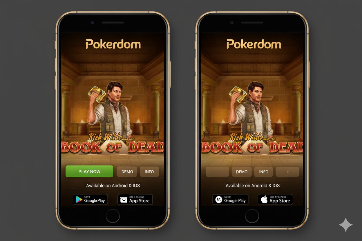 generate photo on the topic Pokerdom Mobile App for playing Book of Dead on Android and iOS. Take the design from my photo