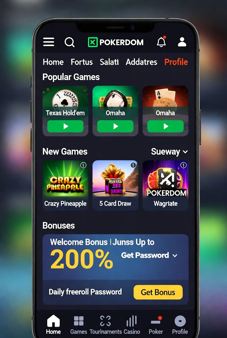 Pokerdom mobile app interface on Android and iOS