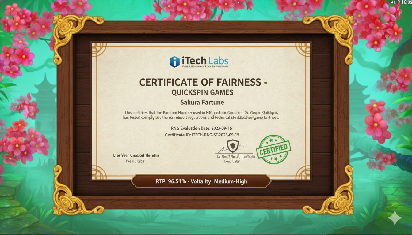 Сертификат честности Quickspin от iTech Labs для слота Sakura Fortune
