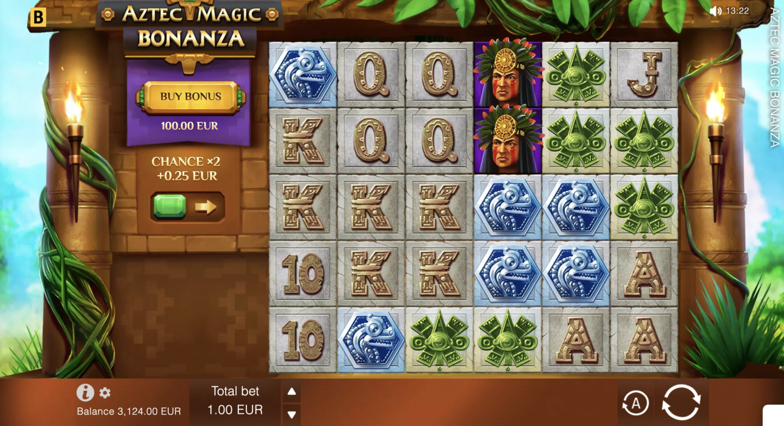 Игровой экран слота Aztec Magic Bonanza с множителями и бонусными символами