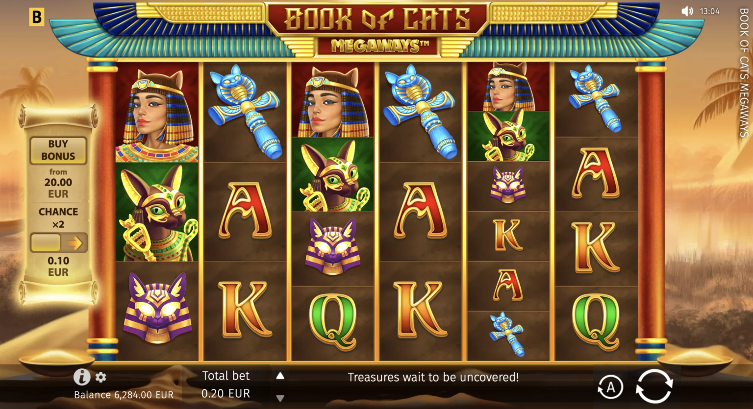 Interface of the Book of Cats Megaways slot from BGaming at Pokerdom casino