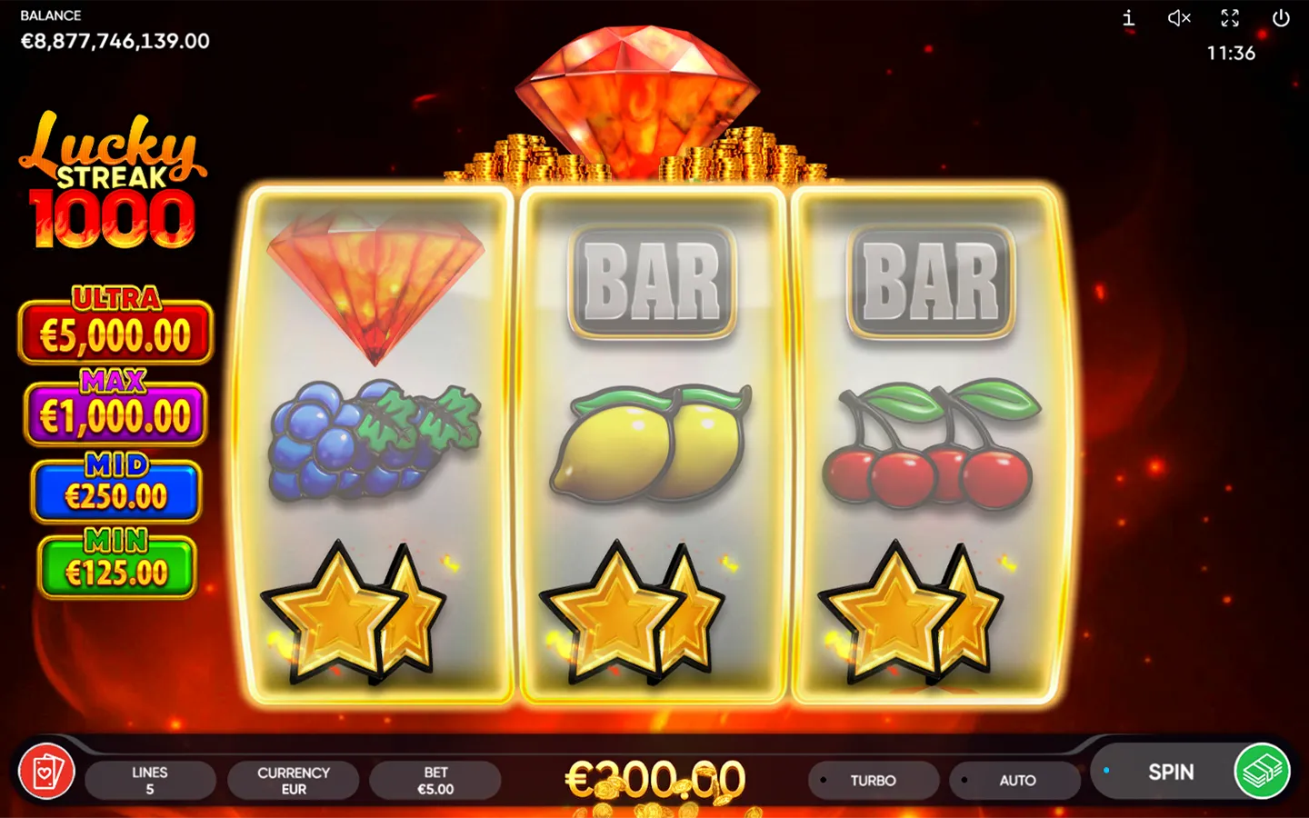 Игровой интерфейс слота Lucky Streak 1000 от Endorphina в казино Покердом