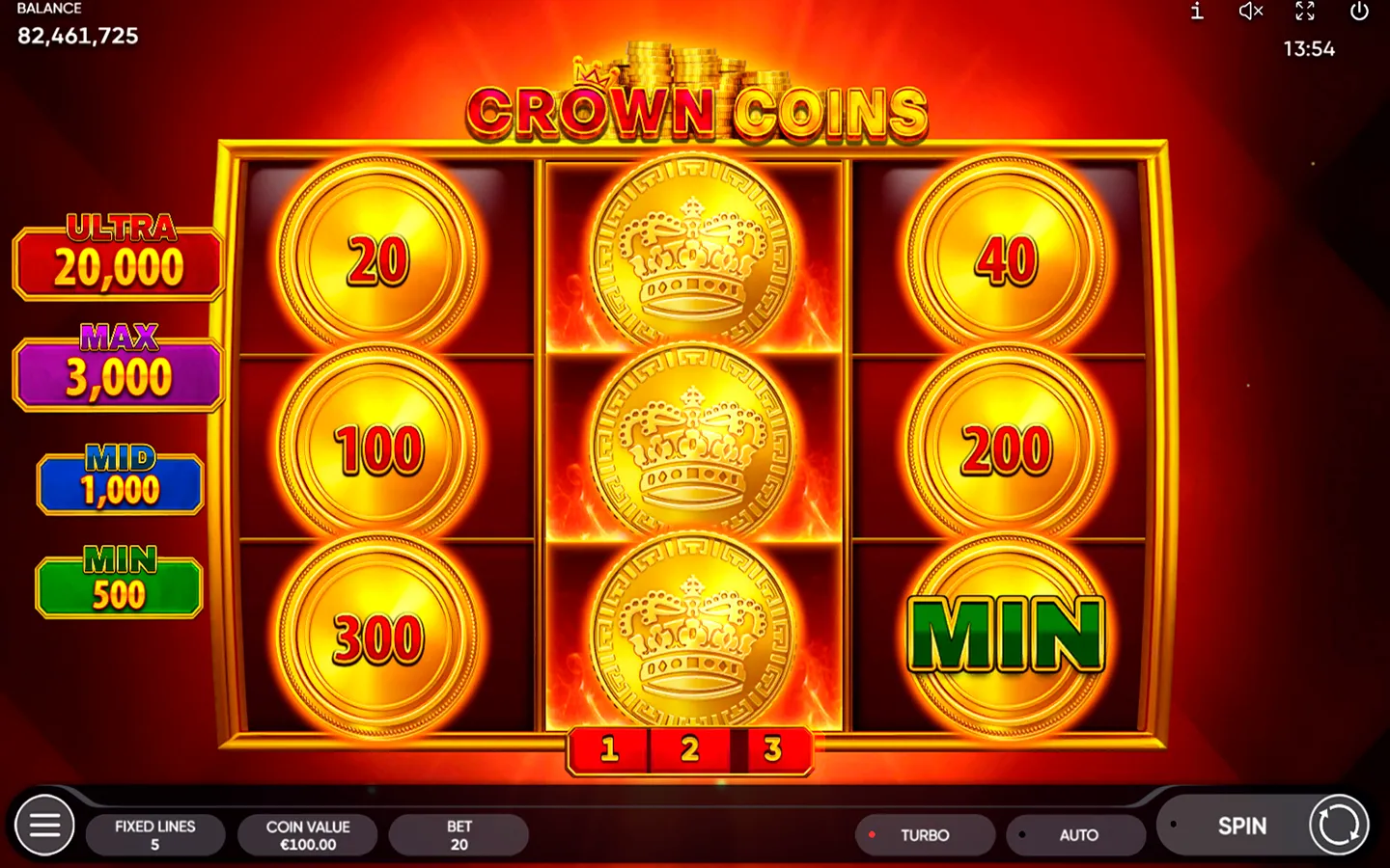 Crown Coins slot machine interface by Endorphina at Pokerdom casino
