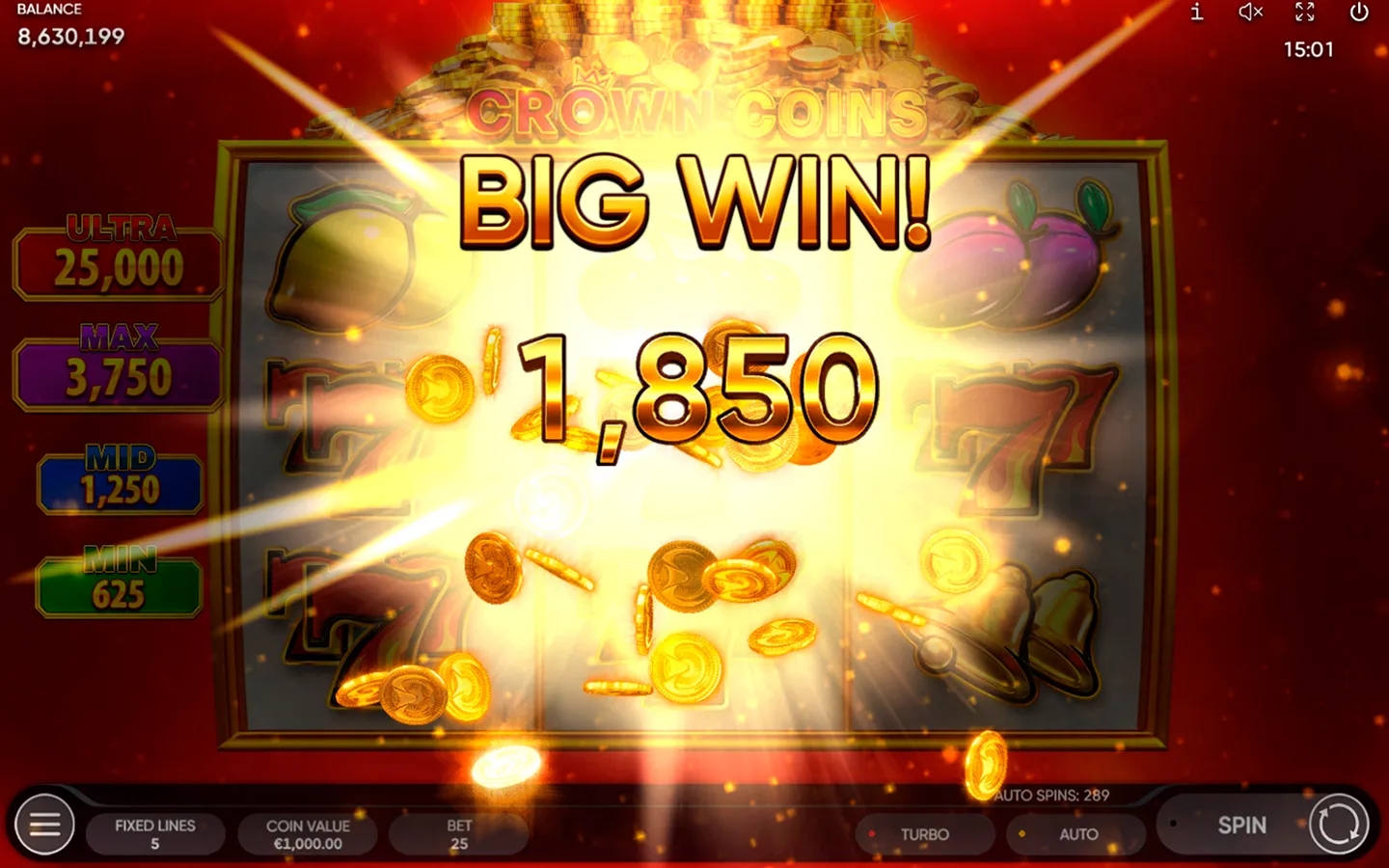 Payout table and game symbols of the Crown Coins slot machine